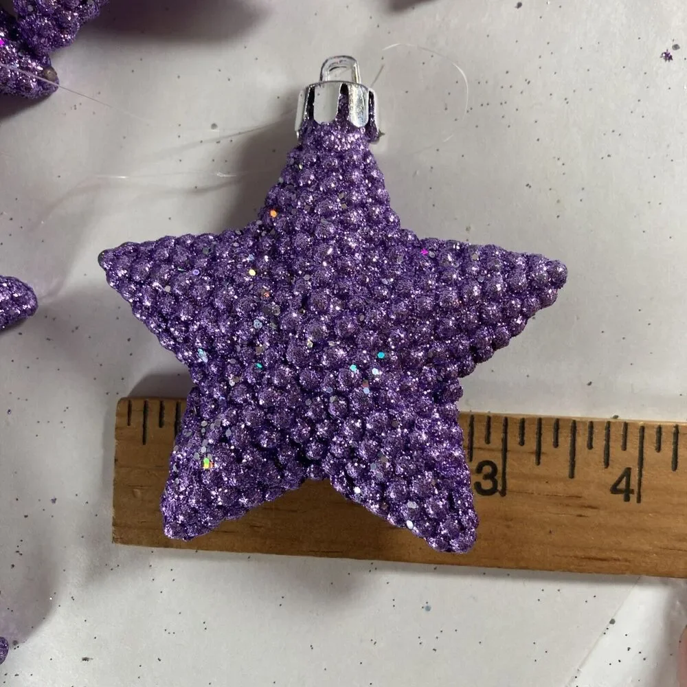 Purple Glitter Christmas Ornaments Stars Holiday Decor Lot Of 48 Vintage Violet